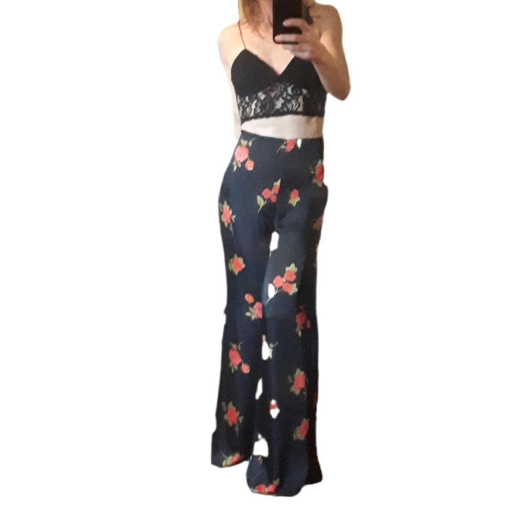 Zara Black Floral Wide-Leg Palazzo Pants